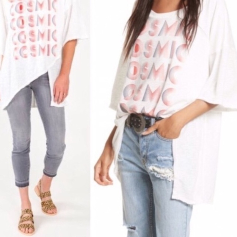 FREE PEOPLE COSMIC TEE “WE THE FREE” SLANT FRONT TO SIDE SEAM COSMIC LOOK!